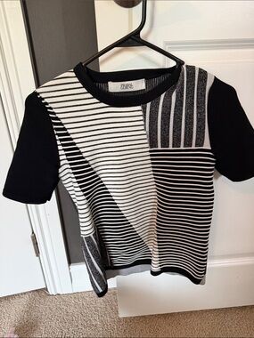 Prabal Gurung Black and White Striped Short Sleeve Knit Top